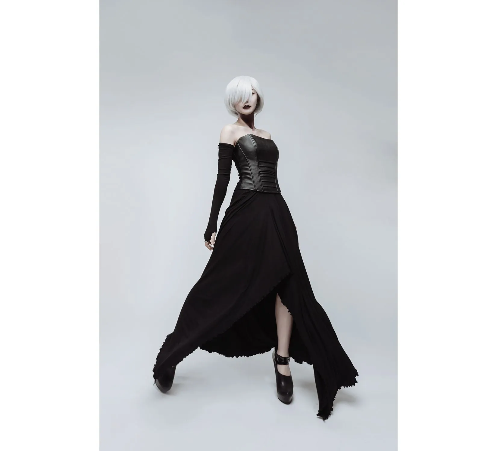 Casual gothic black long viscose skirt and leather corset