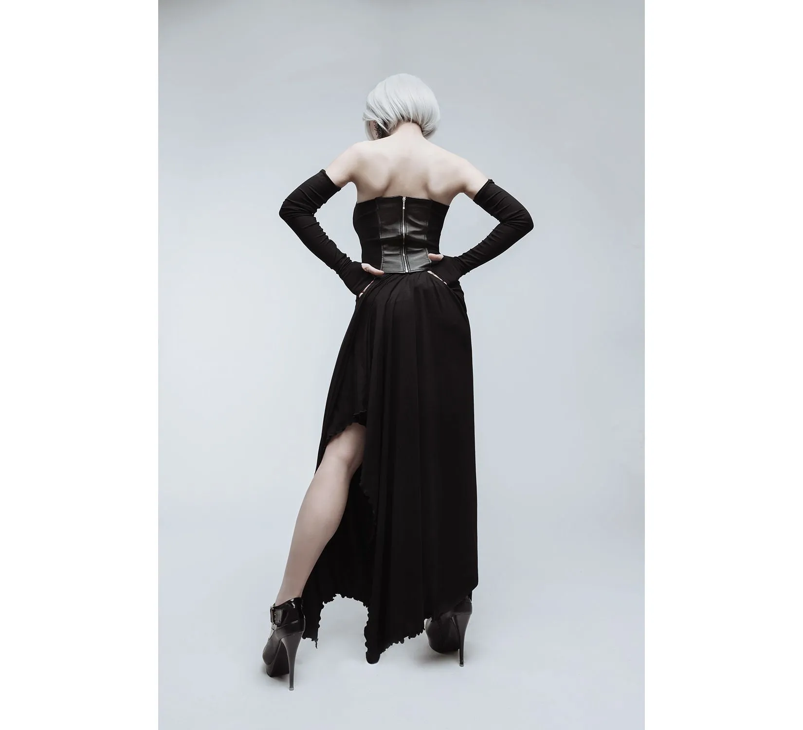 Casual gothic black long viscose skirt and leather corset