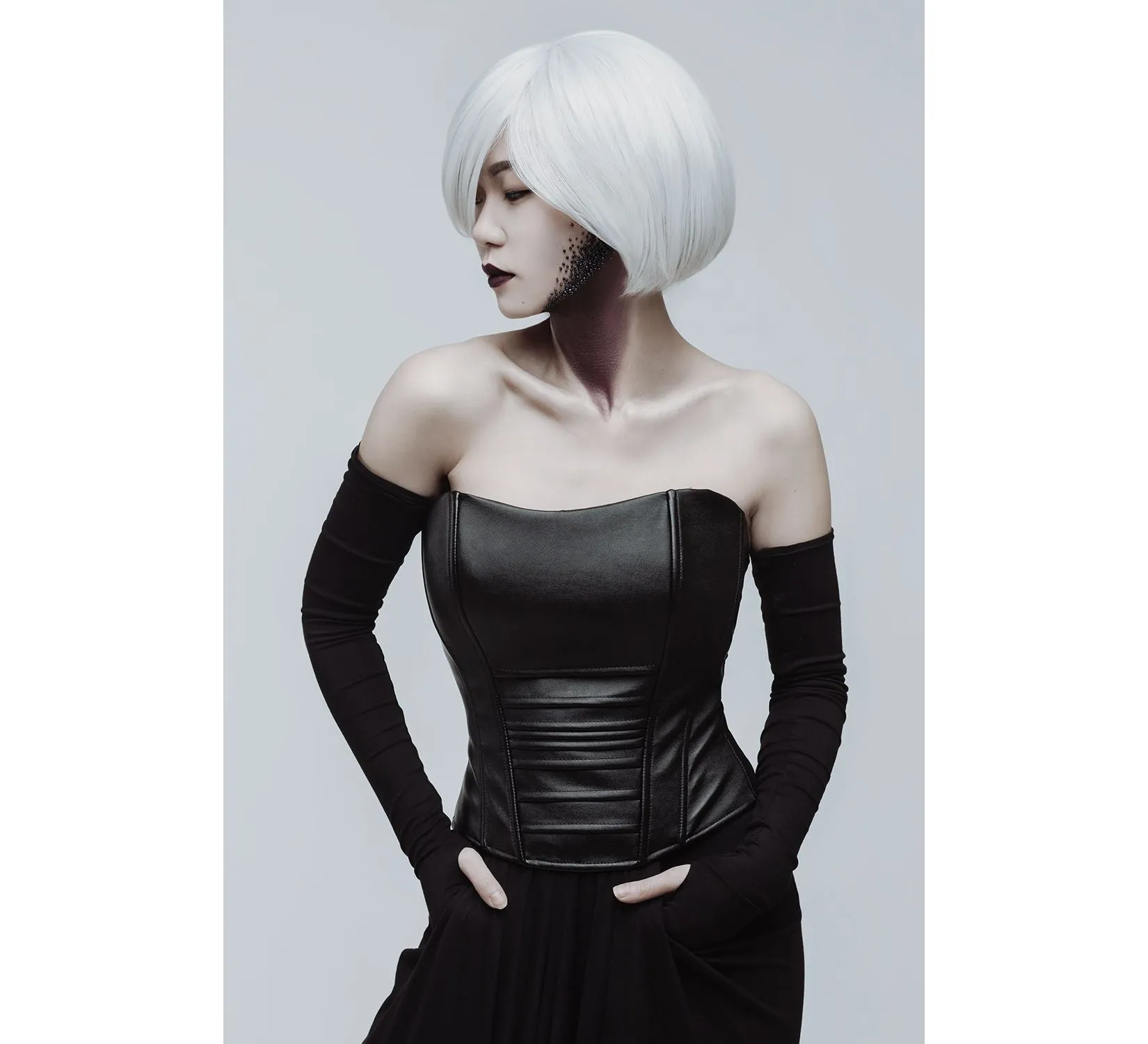 Casual gothic black long viscose skirt and leather corset