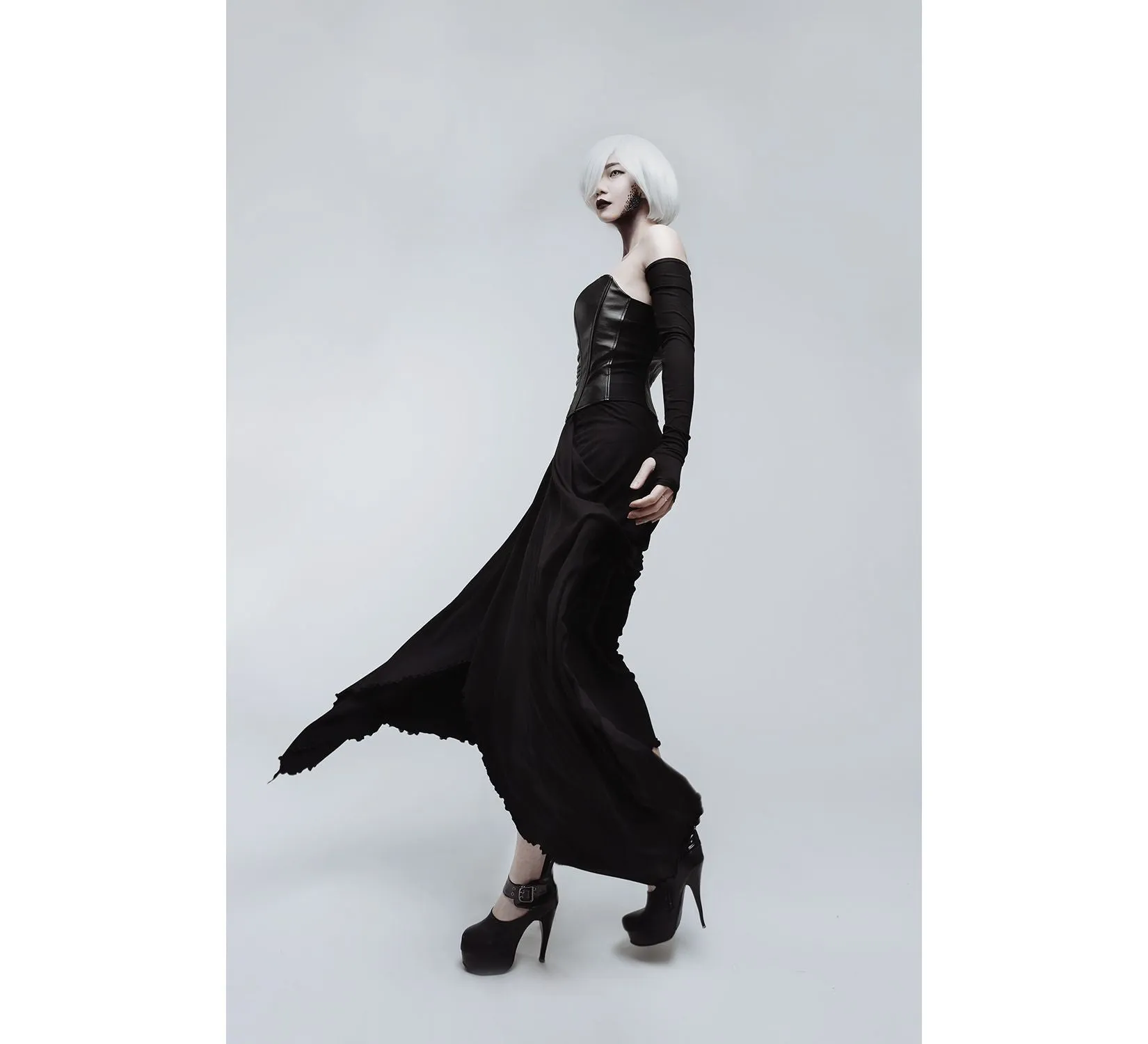 Casual gothic black long viscose skirt and leather corset