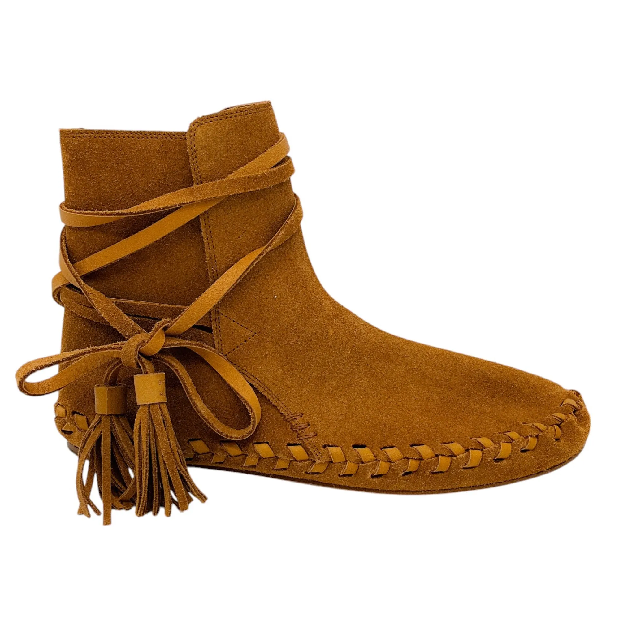 Celine Tan Whipstitch Trim Lace-Up Suede Ankle Boots