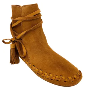 Celine Tan Whipstitch Trim Lace-Up Suede Ankle Boots