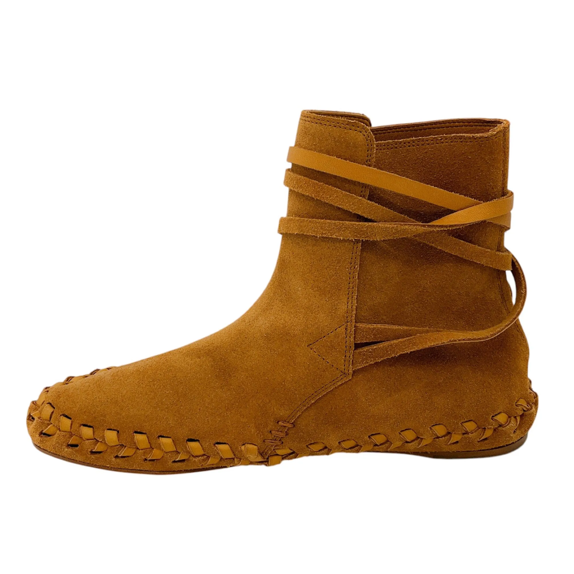 Celine Tan Whipstitch Trim Lace-Up Suede Ankle Boots