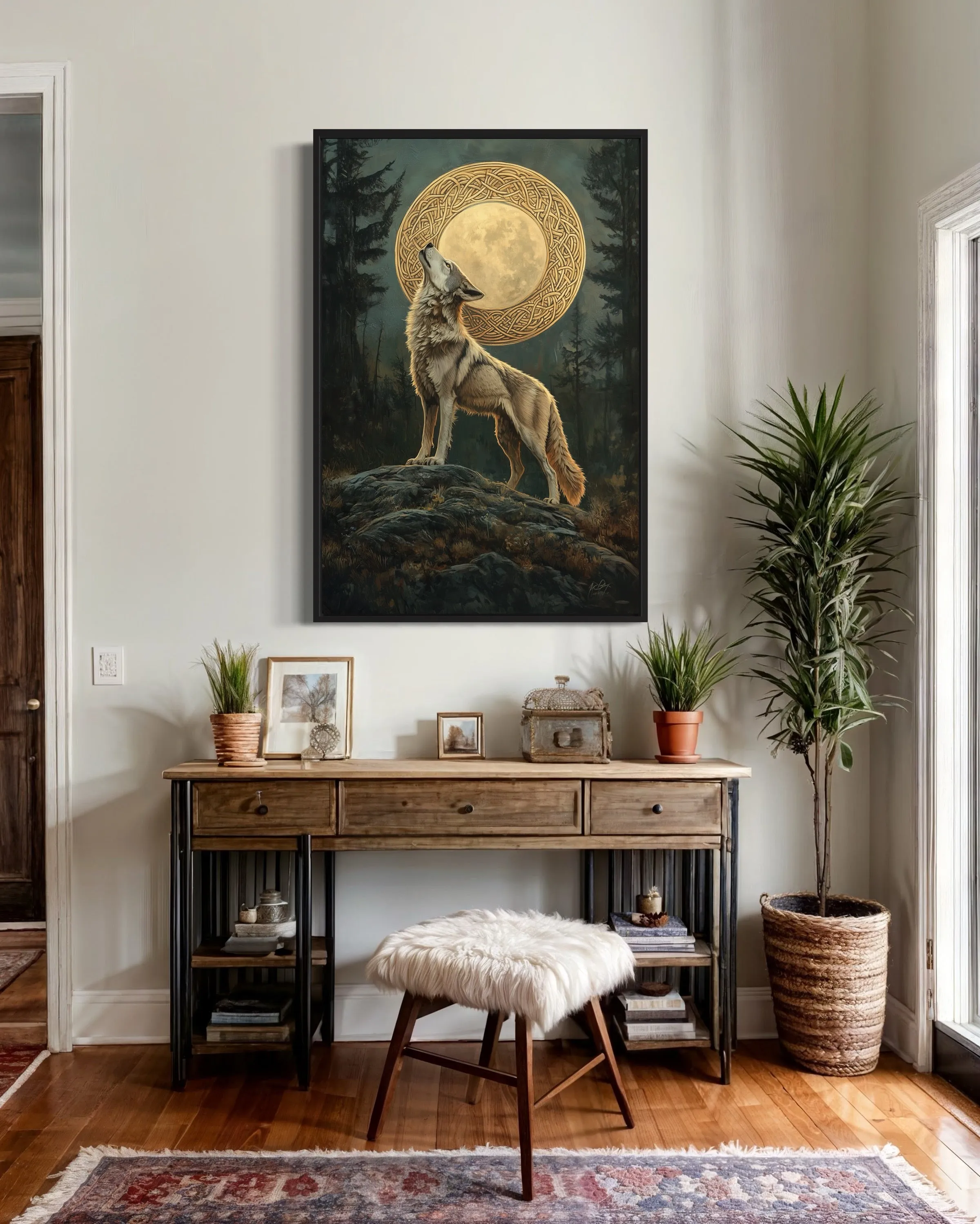 Celtic Wolf And Moon Antique Framed Canvas Wall Art