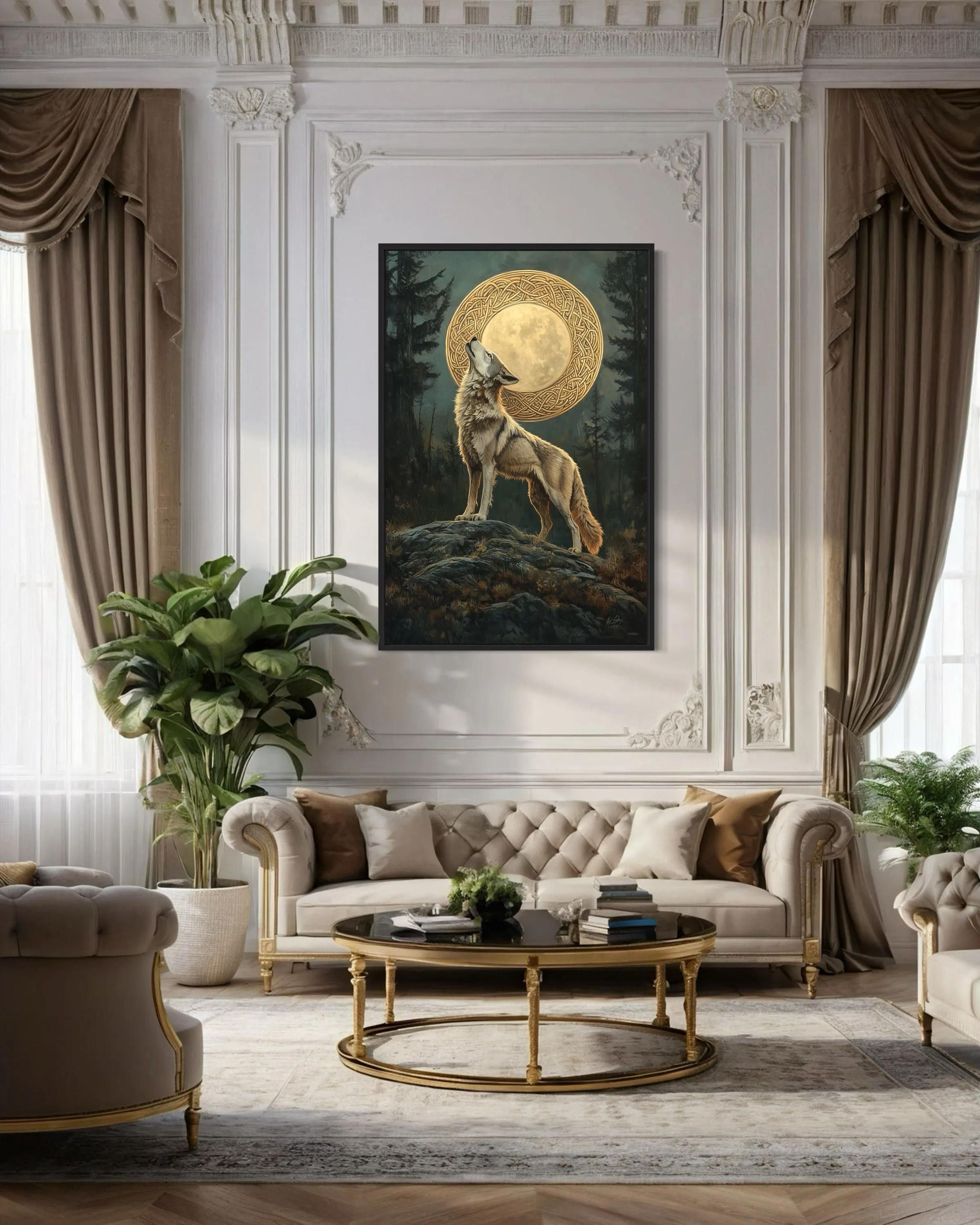 Celtic Wolf And Moon Antique Framed Canvas Wall Art