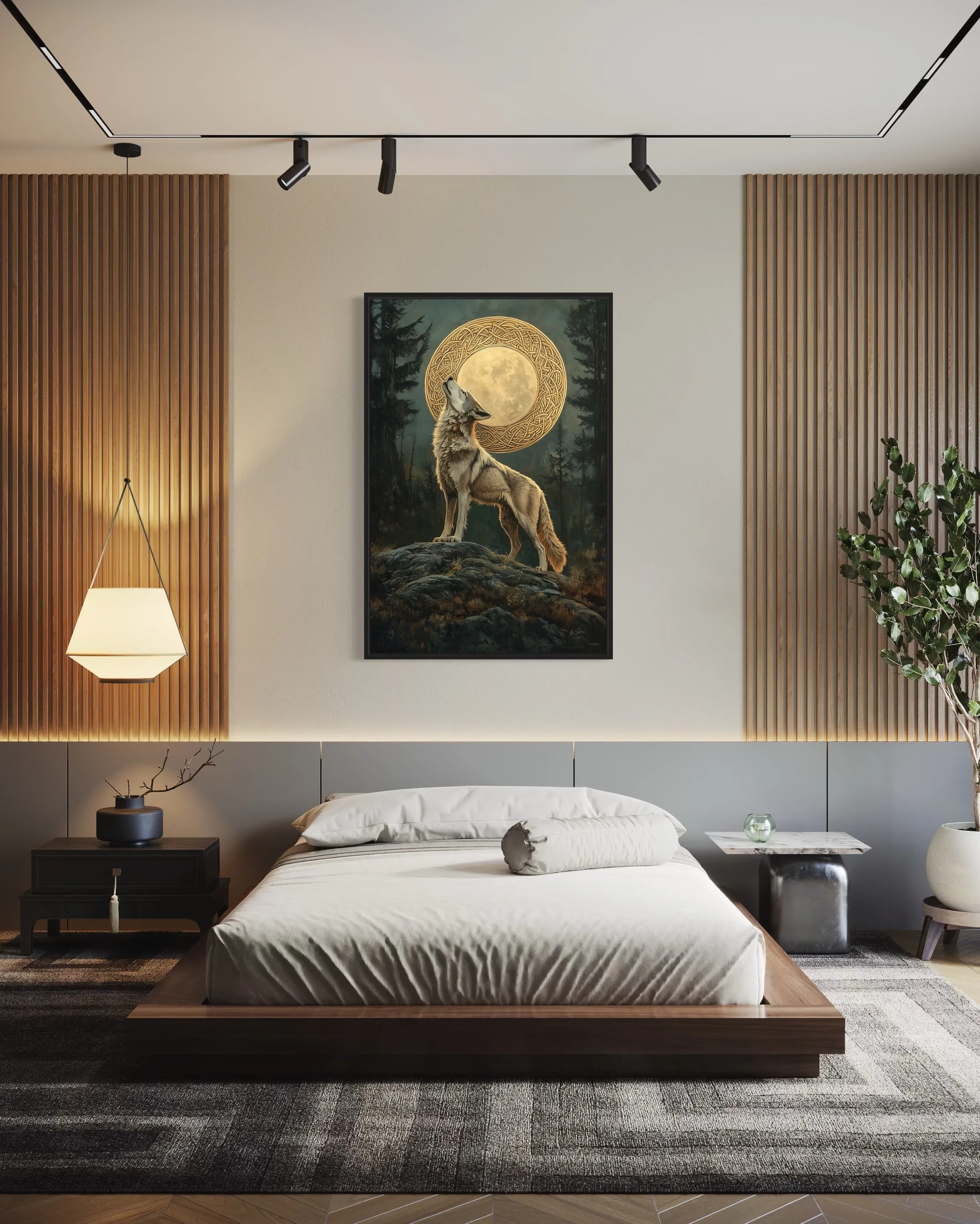 Celtic Wolf And Moon Antique Framed Canvas Wall Art