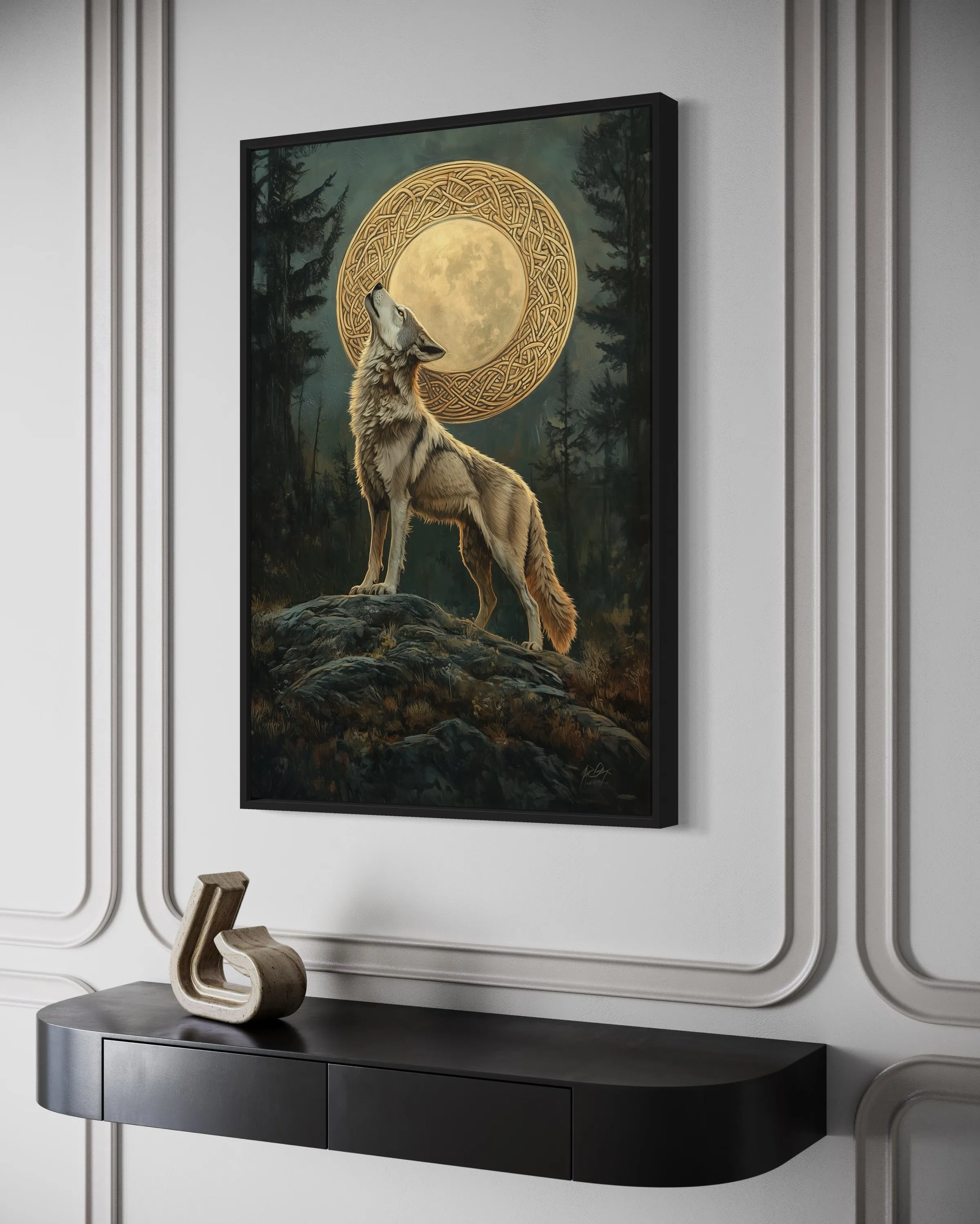 Celtic Wolf And Moon Antique Framed Canvas Wall Art