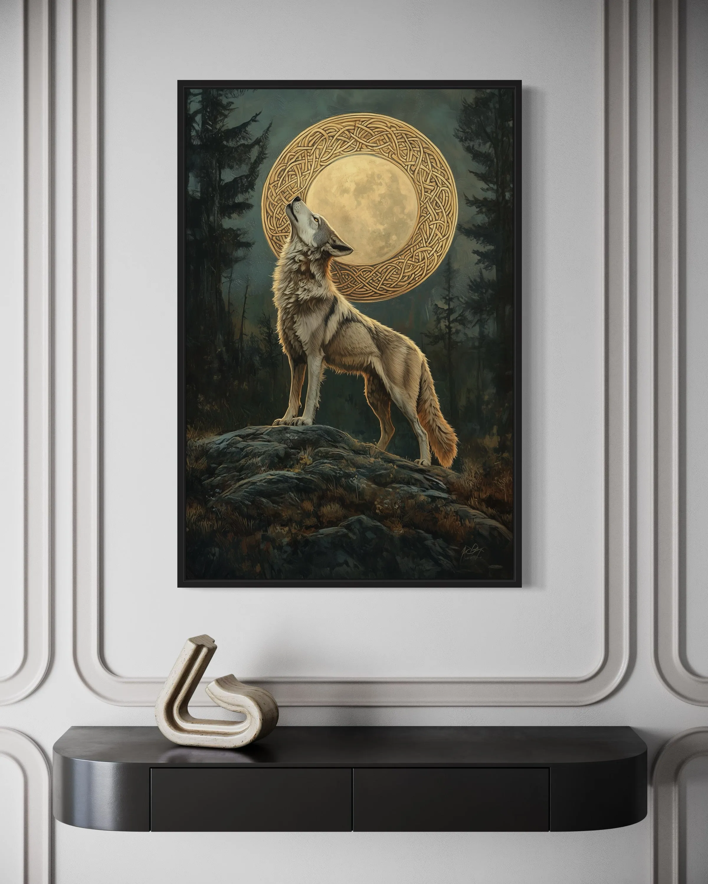 Celtic Wolf And Moon Antique Framed Canvas Wall Art