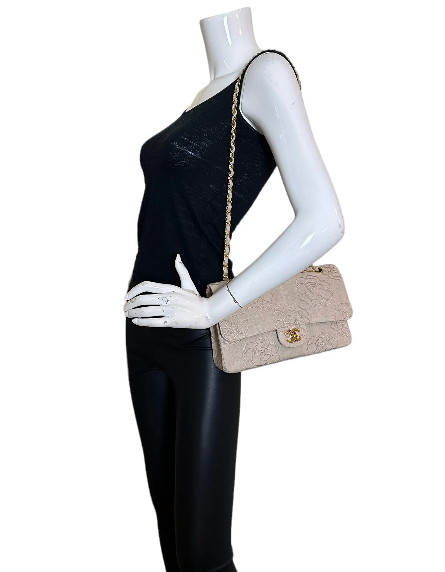 Chanel Ivory Canvas Camellia Embroidered Double Flap Classic