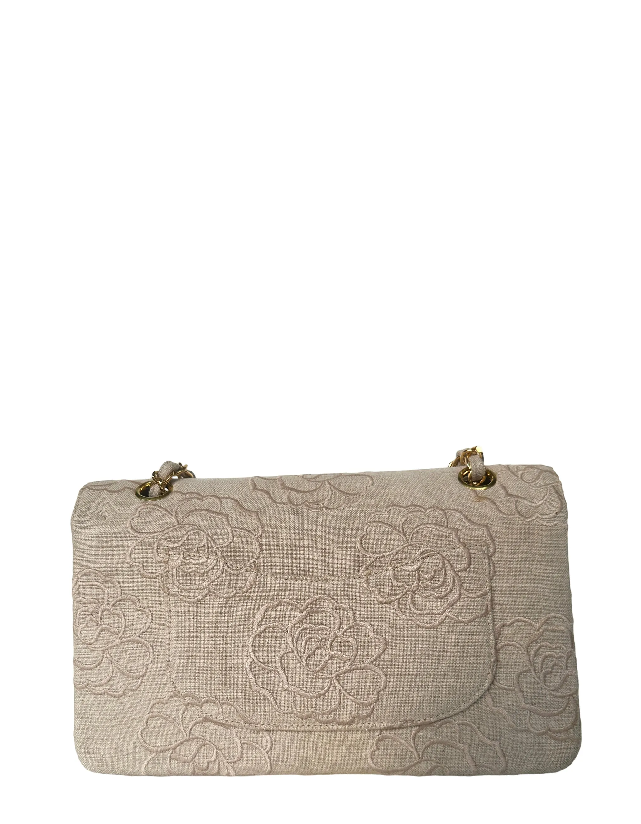 Chanel Ivory Canvas Camellia Embroidered Double Flap Classic