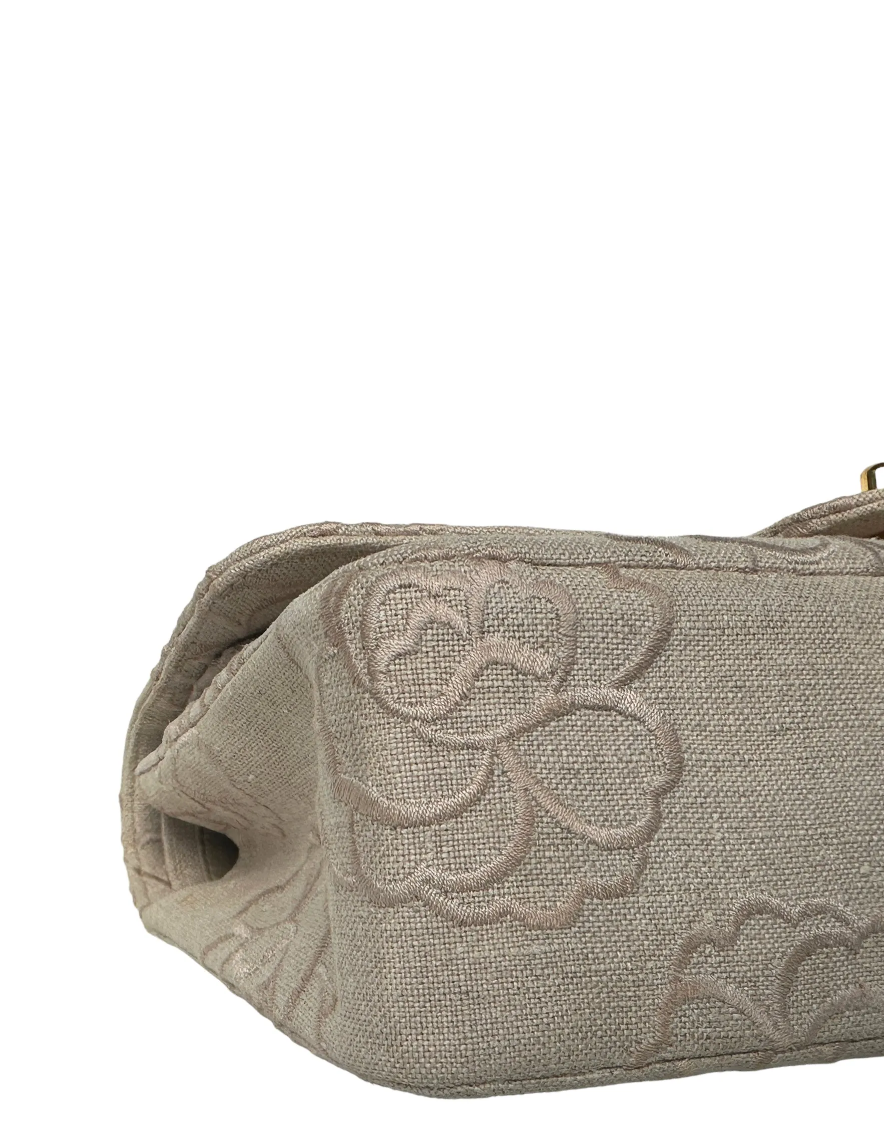 Chanel Ivory Canvas Camellia Embroidered Double Flap Classic