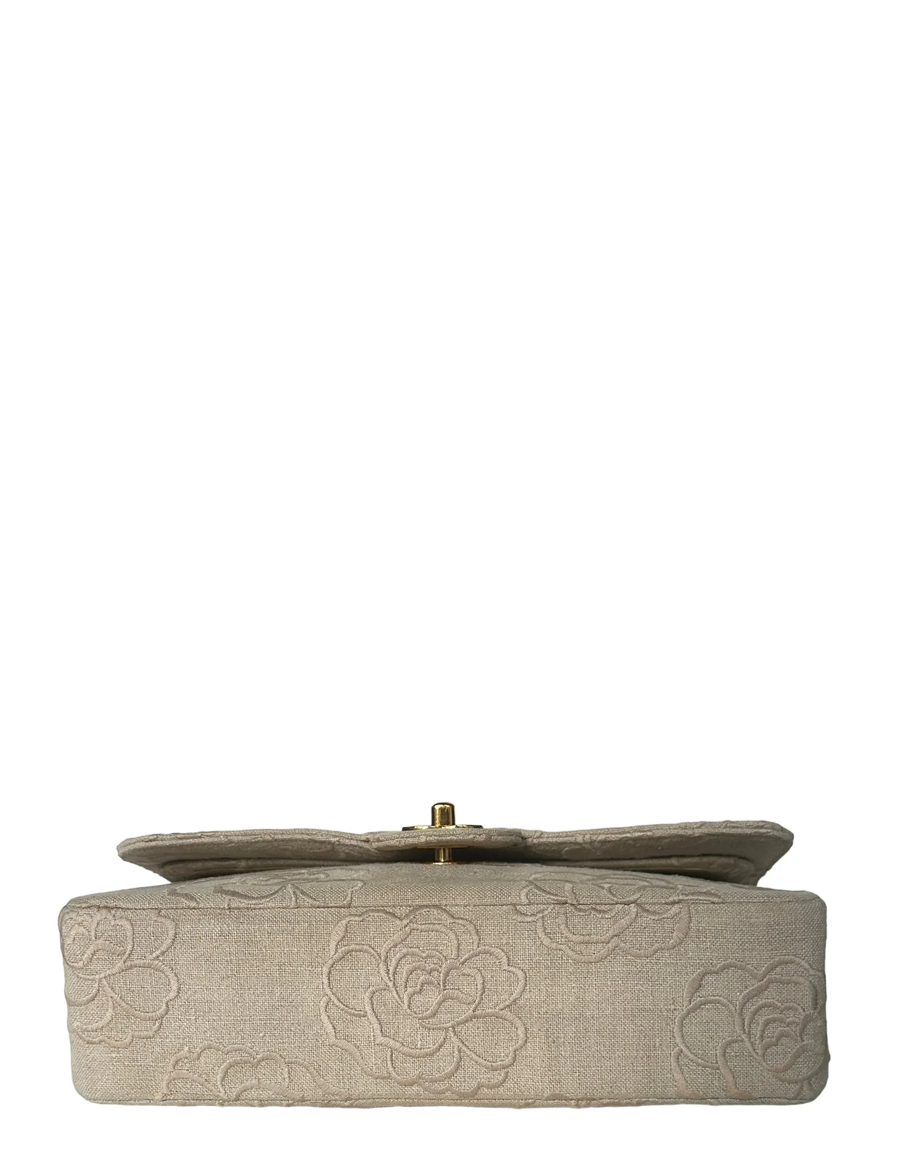 Chanel Ivory Canvas Camellia Embroidered Double Flap Classic