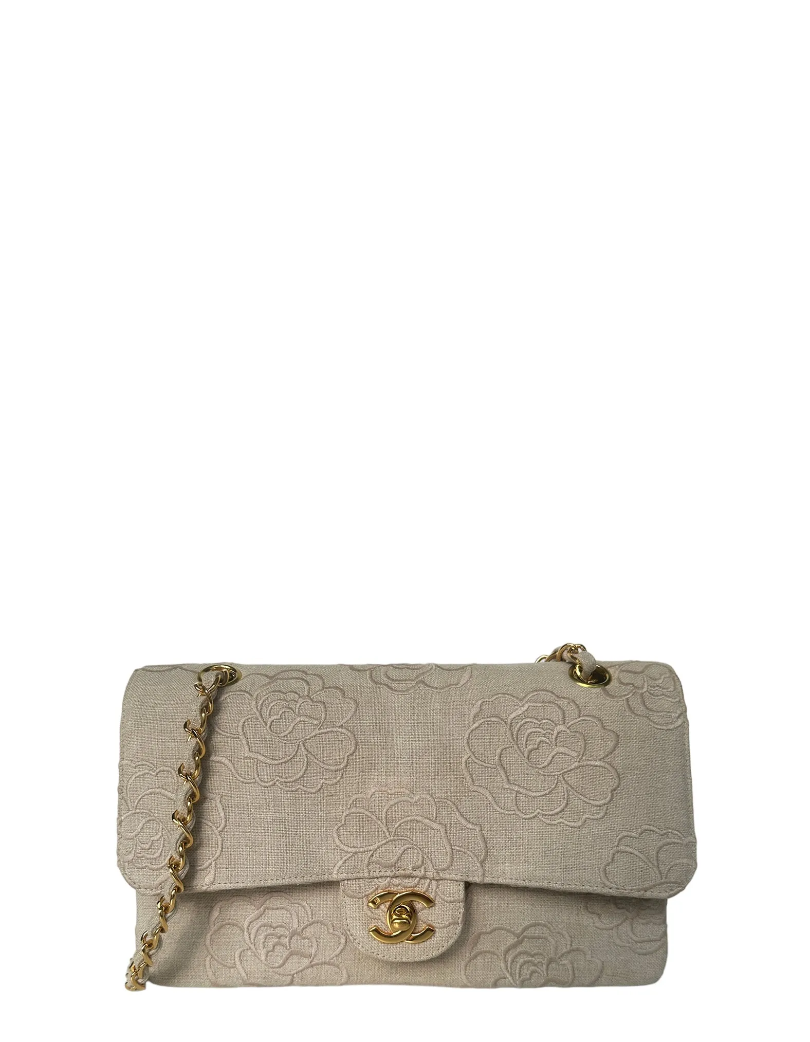 Chanel Ivory Canvas Camellia Embroidered Double Flap Classic