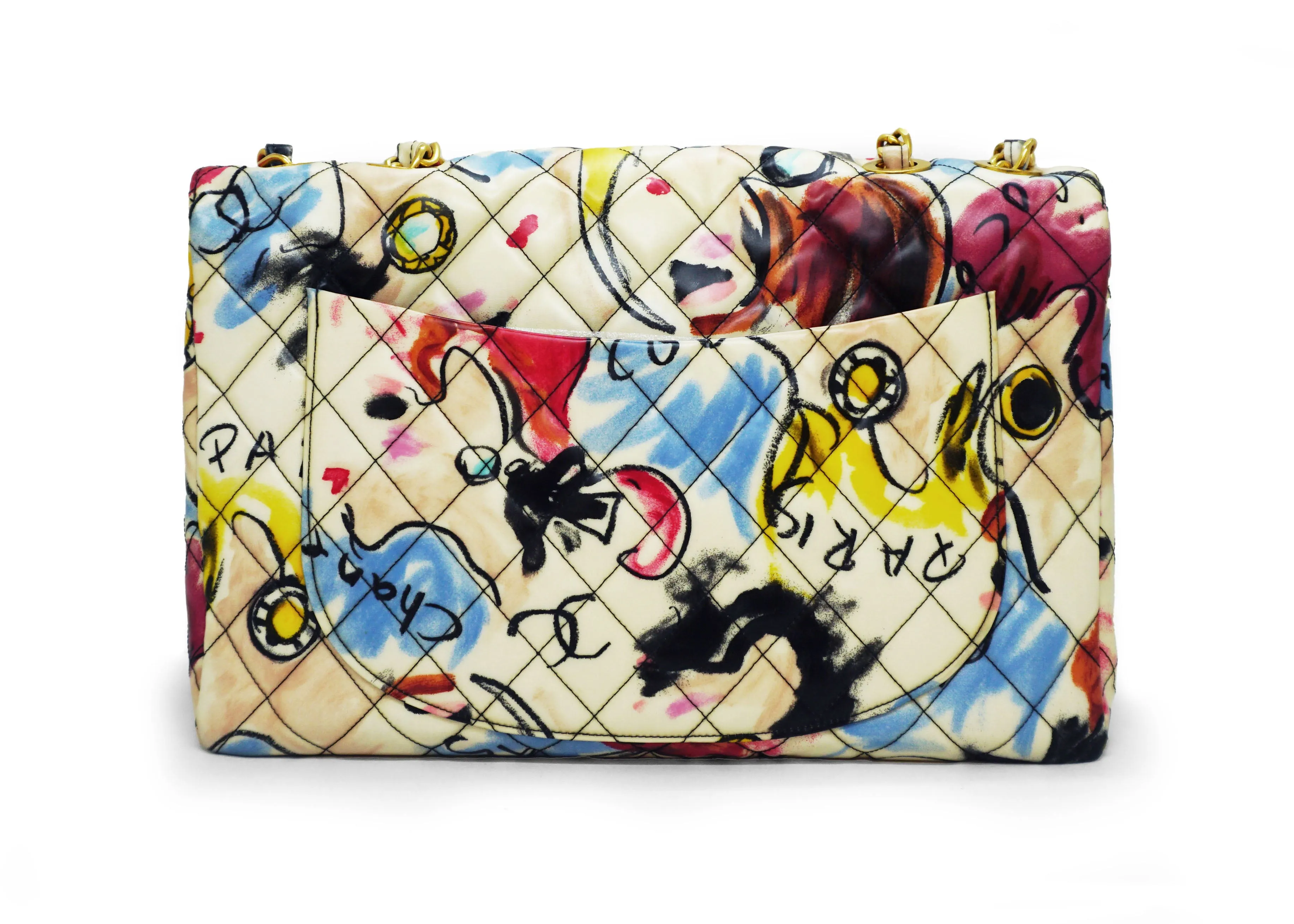 Chanel Vintage Rare Graffiti Sketch Printed Coated Canvas Maxi Jumbo