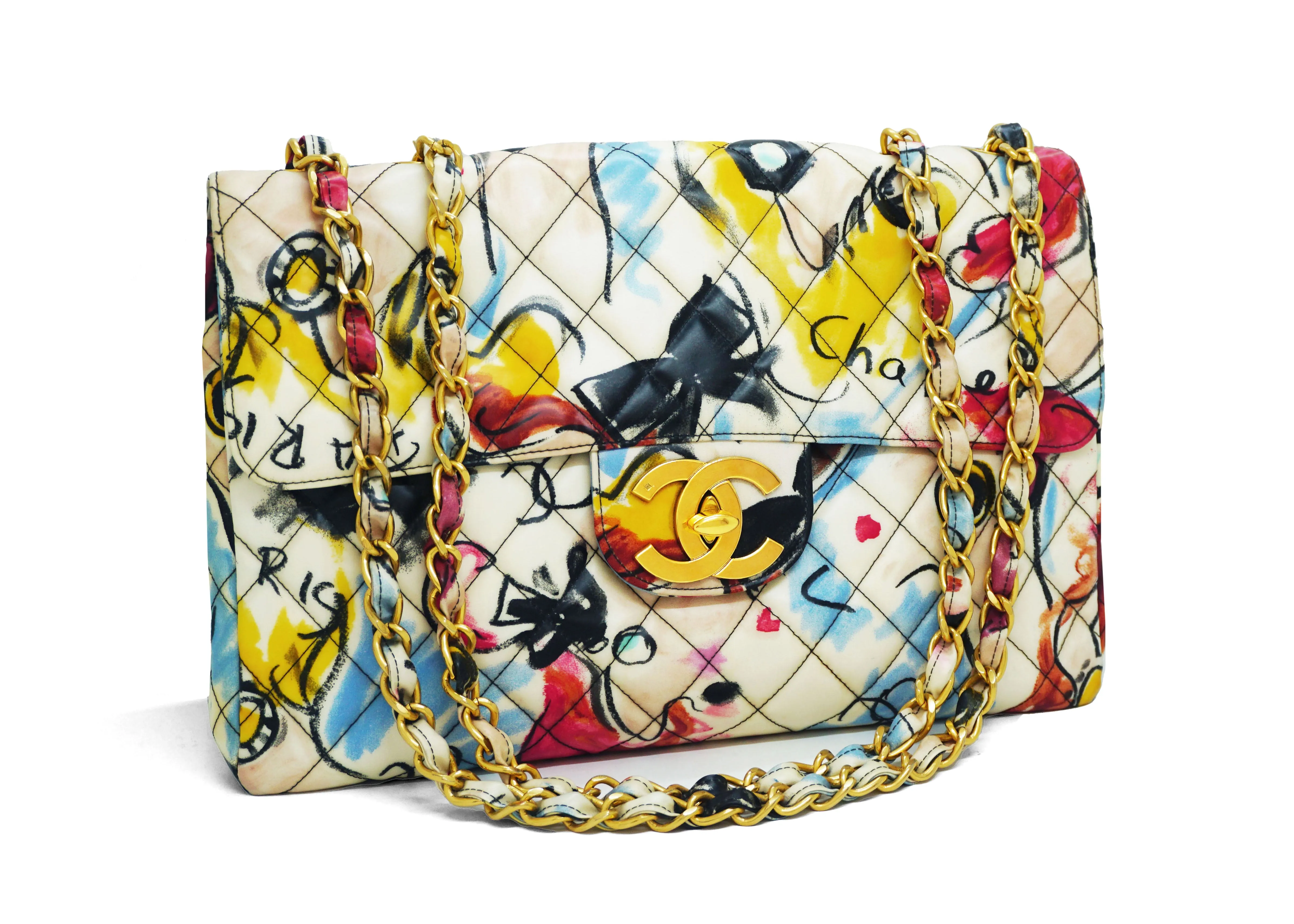 Chanel Vintage Rare Graffiti Sketch Printed Coated Canvas Maxi Jumbo