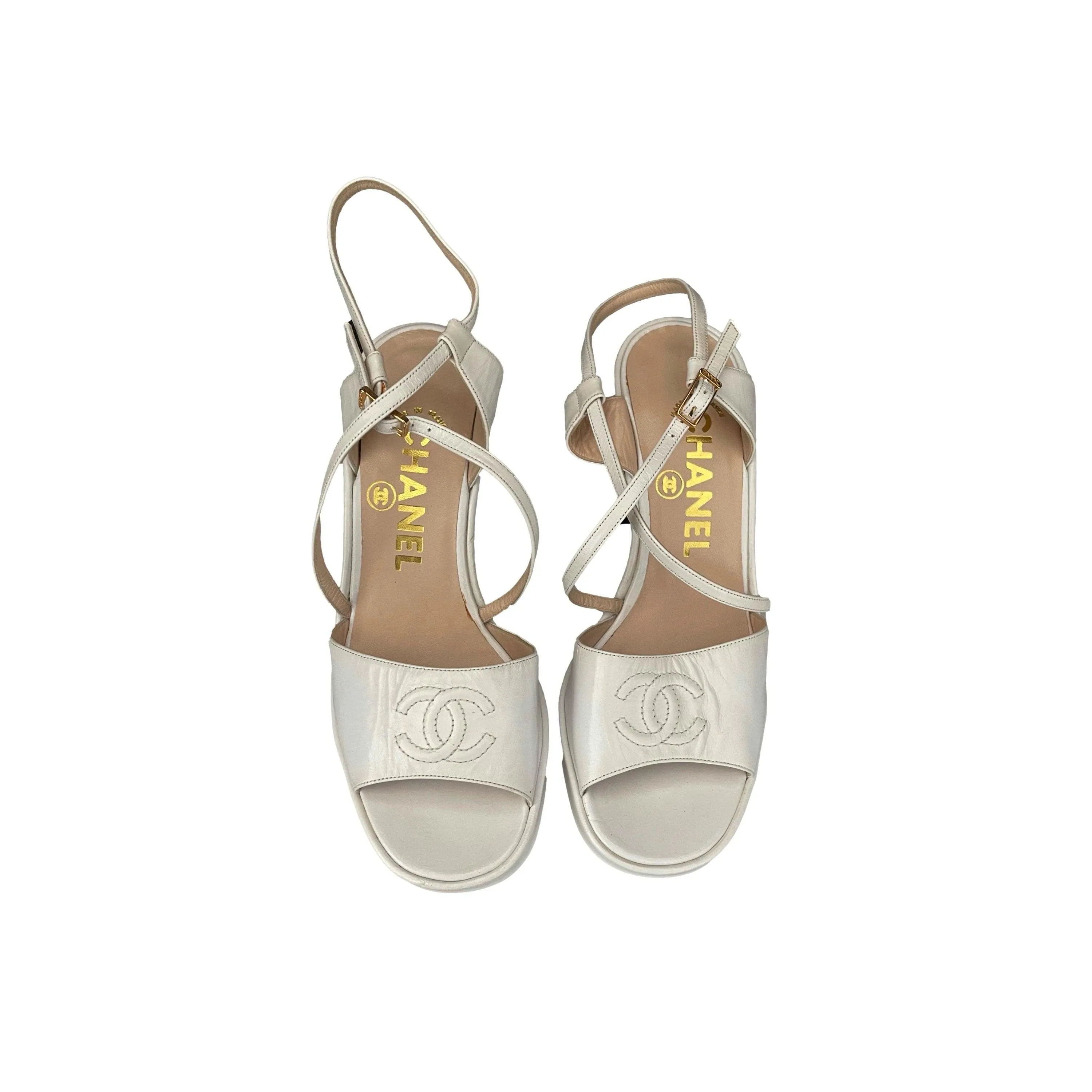 Chanel White Logo Chunky Heels