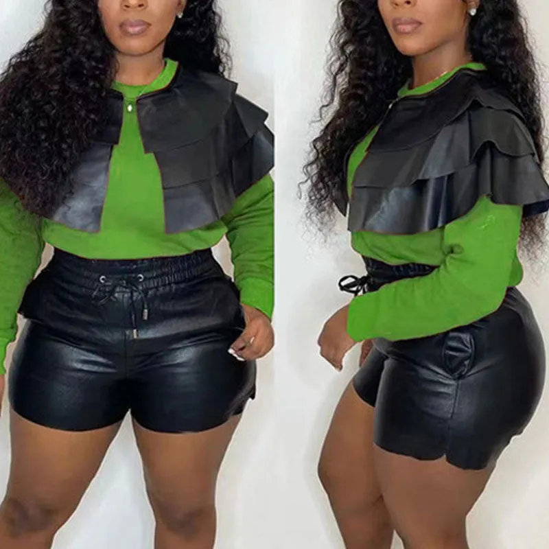 Colorblock Long Sleeve PU Leather Design Top & Shorts Set