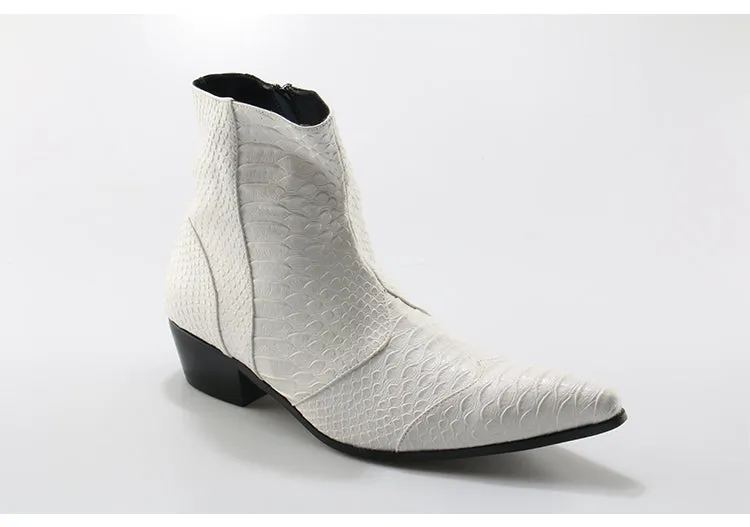 Crocodile Grain Brown White Mens Ankle Boots Embossed Genuine Leather Dress Boots Spring High Flat Boots New Mens Wedding Shoes