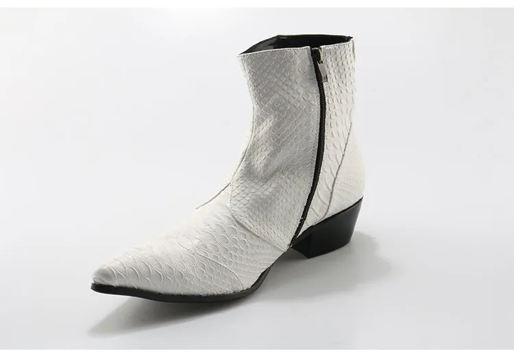 Crocodile Grain Brown White Mens Ankle Boots Embossed Genuine Leather Dress Boots Spring High Flat Boots New Mens Wedding Shoes