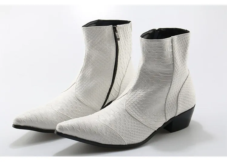 Crocodile Grain Brown White Mens Ankle Boots Embossed Genuine Leather Dress Boots Spring High Flat Boots New Mens Wedding Shoes