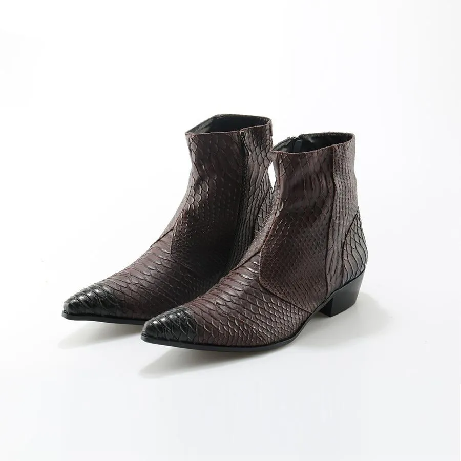 Crocodile Grain Brown White Mens Ankle Boots Embossed Genuine Leather Dress Boots Spring High Flat Boots New Mens Wedding Shoes