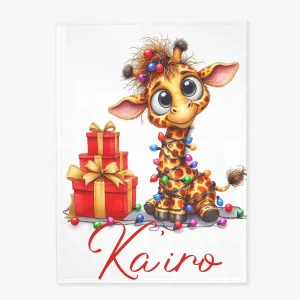 Custom Name Adorable Christmas Giraffe  Flannel Blanket
