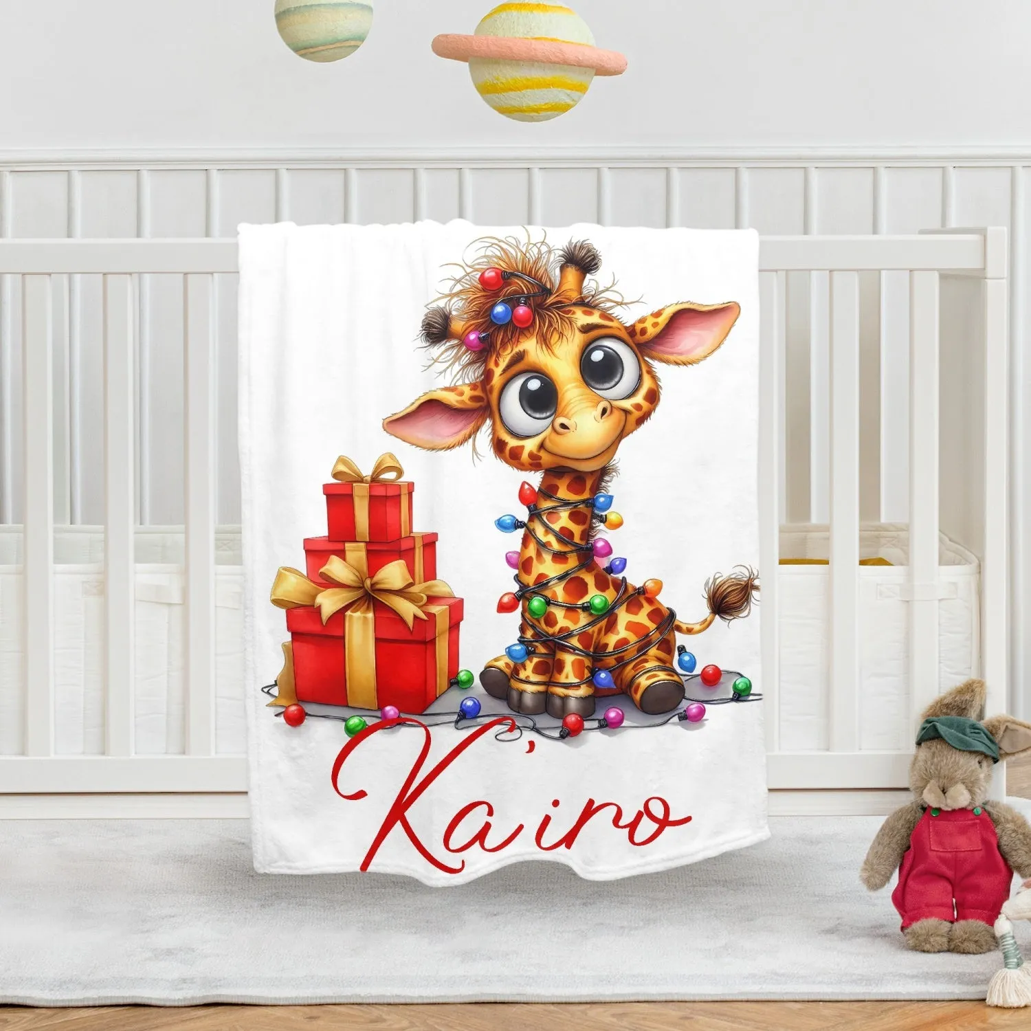 Custom Name Adorable Christmas Giraffe  Flannel Blanket