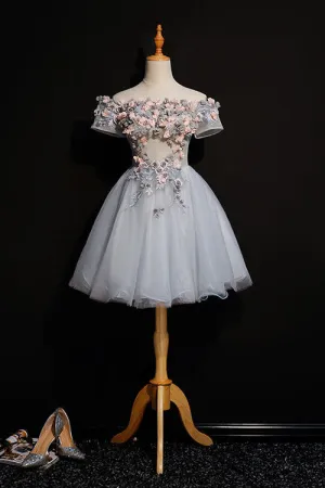 Cute Gray Off the Shoulder Floral Appliques A-Line Tulle Homecoming Dresses OKC58