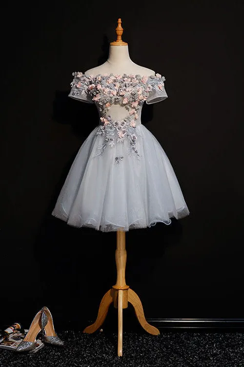 Cute Gray Off the Shoulder Floral Appliques A-Line Tulle Homecoming Dresses OKC58