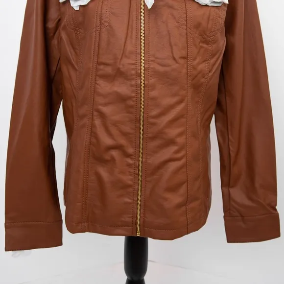 Dennis Basso faux vegan leather cognac scuba style tailored jacket timeless L
