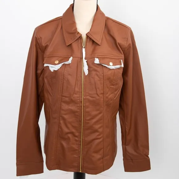 Dennis Basso faux vegan leather cognac scuba style tailored jacket timeless L