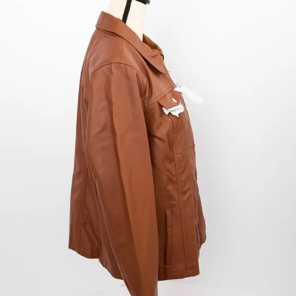 Dennis Basso faux vegan leather cognac scuba style tailored jacket timeless L