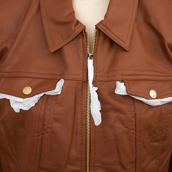 Dennis Basso faux vegan leather cognac scuba style tailored jacket timeless L