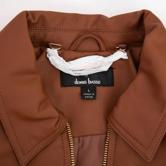 Dennis Basso faux vegan leather cognac scuba style tailored jacket timeless L