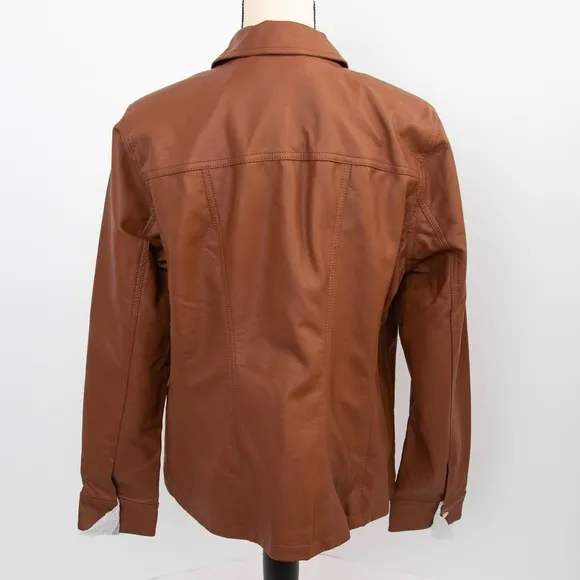 Dennis Basso faux vegan leather cognac scuba style tailored jacket timeless L