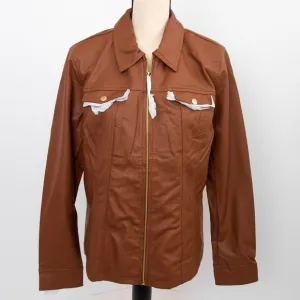 Dennis Basso faux vegan leather cognac scuba style tailored jacket timeless L
