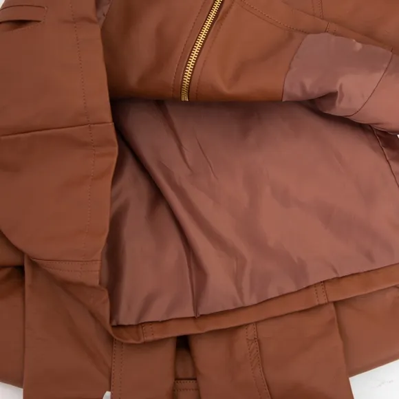 Dennis Basso faux vegan leather cognac scuba style tailored jacket timeless L
