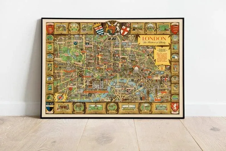 Detailed Pictorial Street Map of London| Vintage Map Wall Print