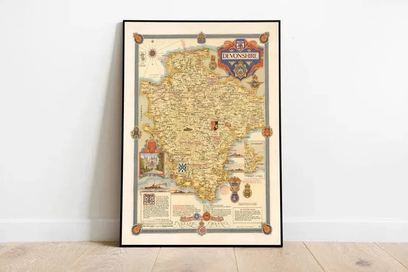 Devonshire Map Print Wall Art| Exeter Vintage Map Wall Prints