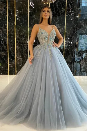 Dusty Blue Ball Gown Prom Dress Long Spaghetti Straps Tulle Crystals Beaded Formal Party Dress OKV97
