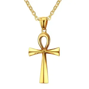 Elegant Egyptian Retro Ankh Necklace with cross and pendants, Vintage Crux Ansata gold colored prayer jewelry.