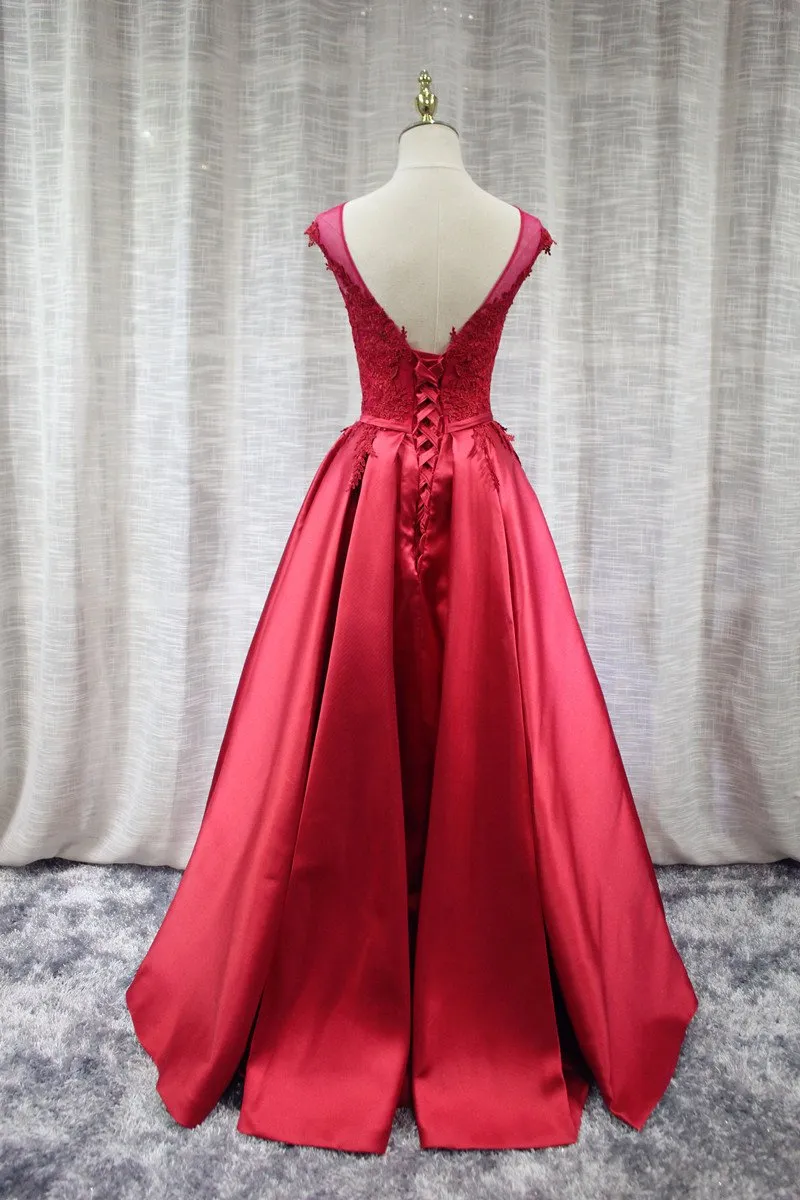Elegant Satin A-line Lace-up Lace Top Prom Gown, Charming Party Dress