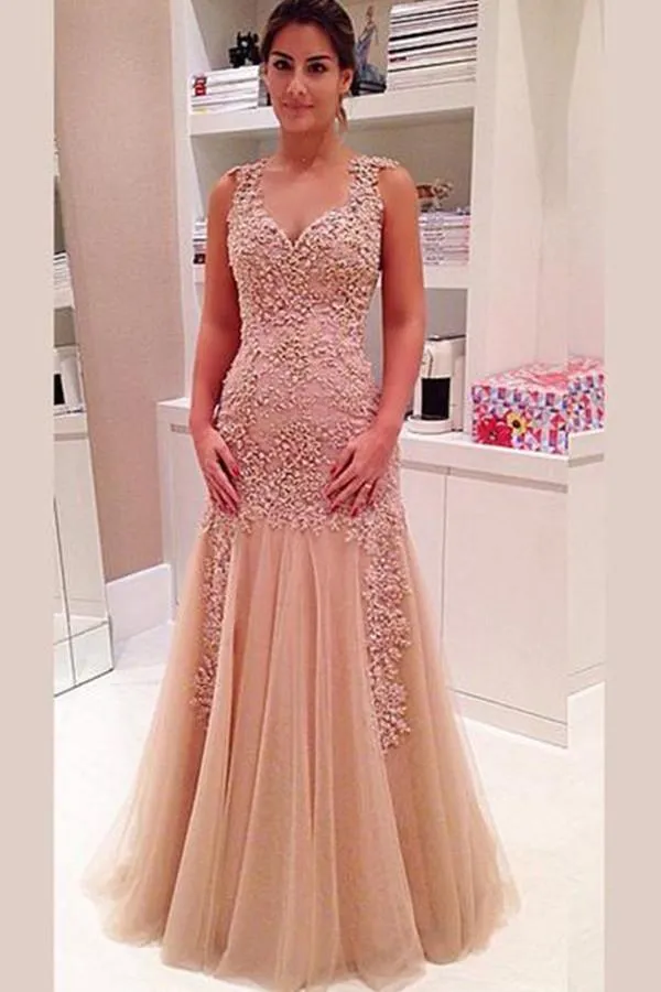 Elegant V-Neck Layers Tulle Prom Dress Sheer Back With Appliques TP0134