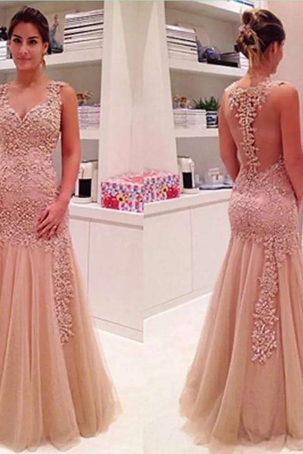 Elegant V-Neck Layers Tulle Prom Dress Sheer Back With Appliques TP0134