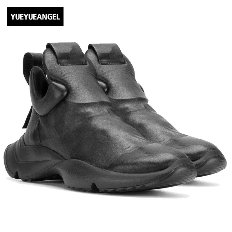 Fashion Men Gothic Thick Platform Sneakers High Top Genuine Leather Shoes Male Slip On Casual Footwar Street Dancing Zapatos