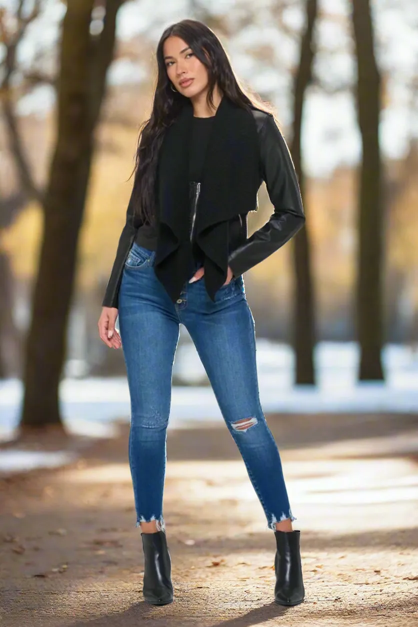 Faux-Leather Jacket with Knit Collar