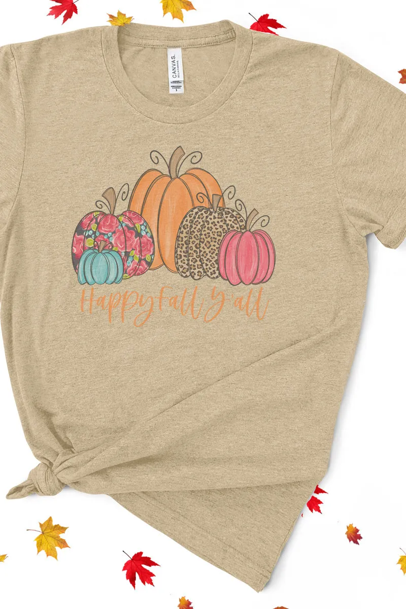 Floral Pumpkin Happy Fall Y'all Tri-Blend Short Sleeve Tee