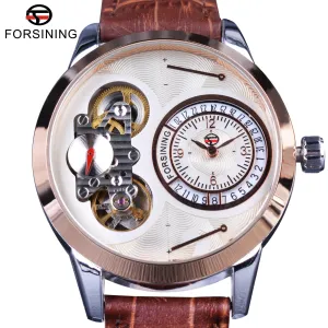 FORSINING Tourbillon style Rose Gold Case with Brown Genuine Leather Men's Watch