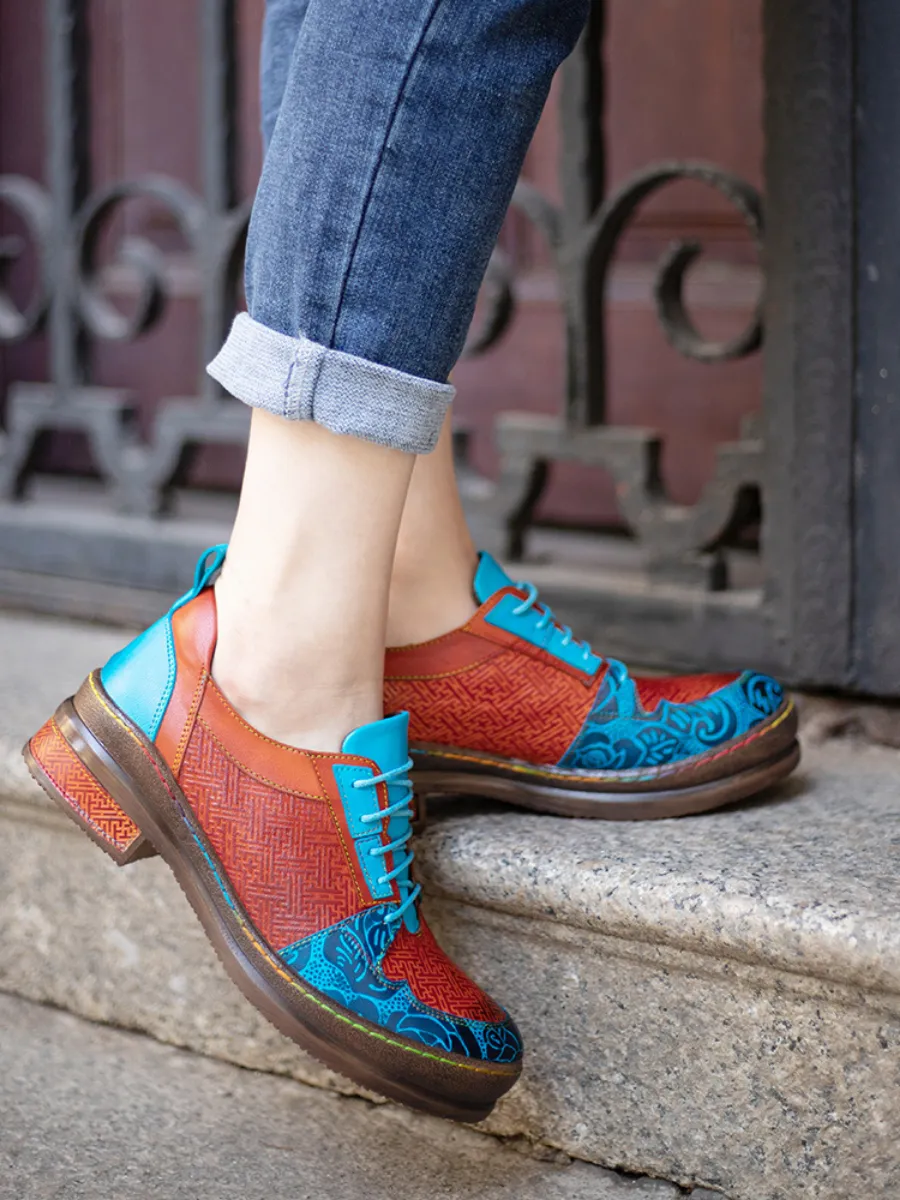 Genuine Leather Brown Matrix Turquoise Floral Embossed Sneakers Oxford Shoes