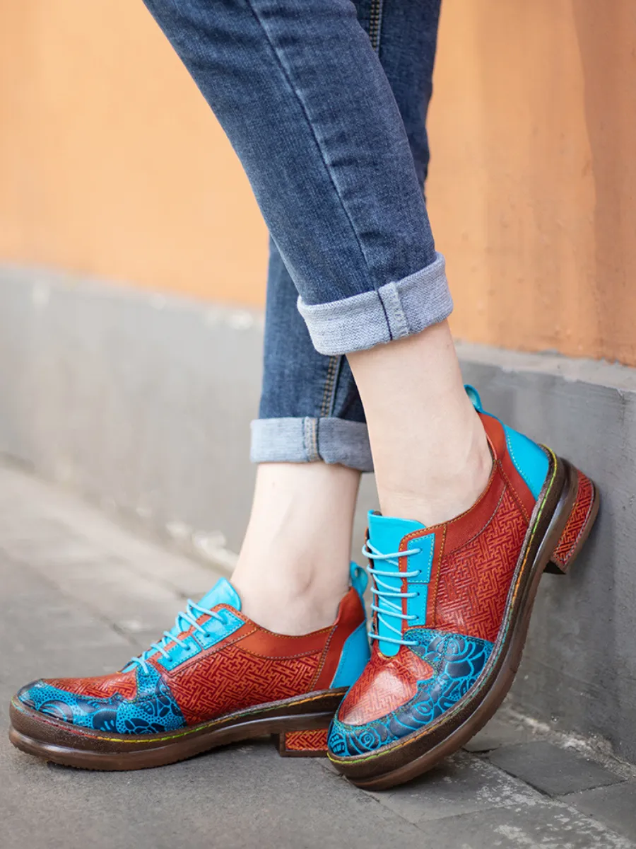 Genuine Leather Brown Matrix Turquoise Floral Embossed Sneakers Oxford Shoes